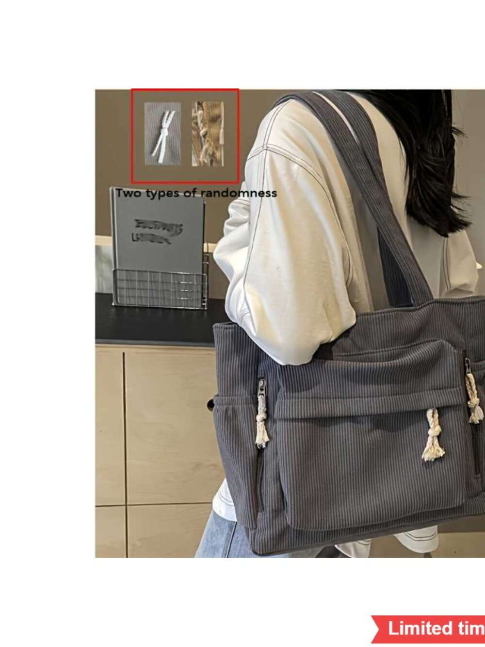 Corduroy Tote Bag with Cup Holder, Luggage Sleeve, Multi Pocket Handbag, Laptop